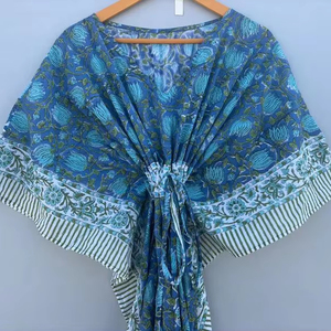 Caftan imprimé floral Lotus bleu pour femmes fait à la main Boho Hippie bloc imprimé 100% coton taille naturelle confort longueur au sol - Product Image 1