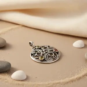 925 <b>Silver</b> Filigree Pendant with Gemstones Fine Jewelry Set for Women - Product Image 1