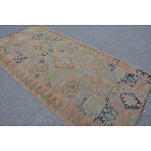 Classic Kilim Rug 4.9 X 9.8ft Handmade Brown Green Polyester Wool Latex Vintage Turkish Rectangle Patchwork Design for Living - Product Image 2