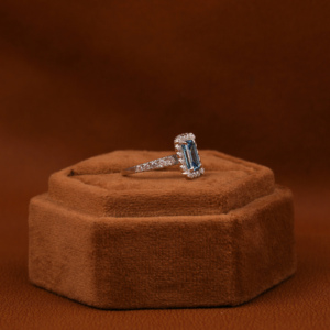 Fashionable Solitaire Blue <b>Emerald</b> Cut Lab Grown Diamond With Tiny Round Cut Diamond Halo Engagement <b>Ring</b> in 18KT Solid Gold - Product Image 5