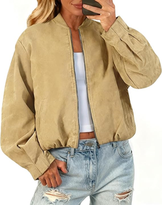 Womens Cropped Faux Suede Bomber Jackets Trendy Casual Zip Up Collarless Coats Oversized Spring Outerwear - Product Image 1