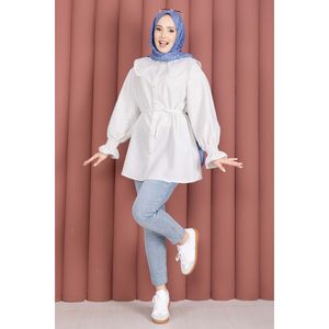 Túnica Blanca para Mujer con Cuello Bordado y Cintura Ajustable con Cordón, Popelina Floral de Rayón, Corte Holgado Informal para Fiestas, Talla XL - Product Image 1
