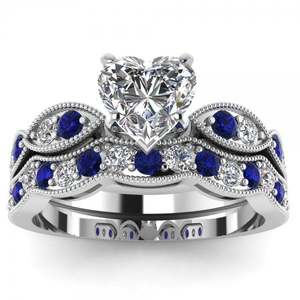 Ensemble de bagues de fiançailles en argent sterling avec coupe cœur et motif Milgrain Jeulia - Product Image 1