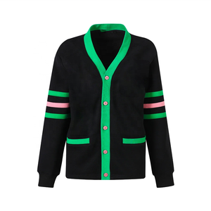 A | Cardigan en molleton à rayures noires et vertes avec lettres brodées en chenille KA - Product Image 1
