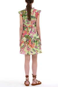 Robe mini décontractée en mousseline à imprimé floral, sans manches, coupe trapèze, avec volants, col en V, taille empire, 120g, style vacances d'été - Product Image 2