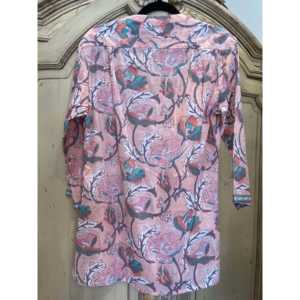 Chemisier ample à plis pour femme en satin de soie et lin imprimé floral corail – Chemise de bureau formelle taille XL pour l'automne - Product Image 5