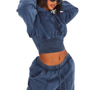 <b>Top</b> Custom Logo <b>Fleece</b> Cotton Vintage Wash <b>Women</b> 2 Pieces Set Pullover Cropped Hoodie and Jogger Sweatpants Tracksuit Set 2025 - Product Image 2