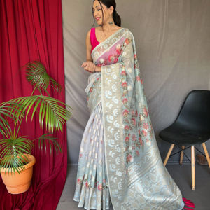 PURE CHAMPIGNONS SOIE MX ZARI SAREE ARGENT ET CONCEPT NUMÉRIQUE AVEC RICHE PALLU ET GLANDS ATTACHÉS SAREE - Product Image 1