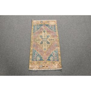 Alfombra de 1.4x2.6 pies, Alfombra Turca Vintage, Alfombra de Lana a Cuadros Azul y Marrón - Product Image 1