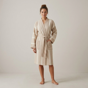 Peignoir en coton turc côtelé, style kimono, couleur crème - Product Image 1