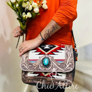 Nuevo estilo occidental, bolso de cuero con herramientas azteca occidental, bolso de piedra turquesa colorido Vintage, bolsos de cuero acolchados aztecas únicos - Product Image 1