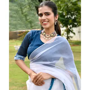 ผ้าซารีออร์แกนซ่าสีขาววาดลายด้วยมือ สวยงาม น้ำหนักเบา เหมาะสำหรับงานปาร์ตี้สำหรับผู้หญิง - Product Image 3