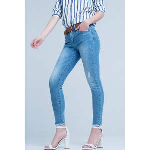 กางเกงยีนส์สกินนี่สีน้ำเงินวินเทจ ผ้าเดนิมระบายอากาศดี ตกแต่งด้วยรอยขาด - Product Image 1