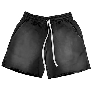 Shorts en coton noir délavé pour homme, style décontracté d'été, streetwear, coupe ample, taille élastique, coupe décontractée, motif uni, écologique - Product Image 1