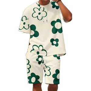Mens 2 Piece <b>Set</b> T-Shirt & Shorts Graphic Flower Print Black White Summer - Product Image 1