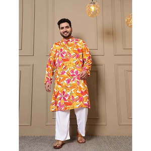 Amanush Kurta longue pour homme, grande taille, imprimé feuilles multicolores, manches trois-quarts, col mandarin, coupe ample, décontracté d'été - Product Image 6