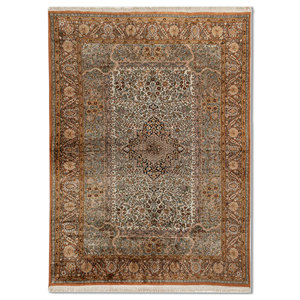Tapis en soie noué à la main Gulmarg Pae-6461, épaisseur 10 mm, avec motif rectangulaire Aubusson à médaillon, idéal pour l'entrée de la maison ou le salon des adolescents - Product Image 1