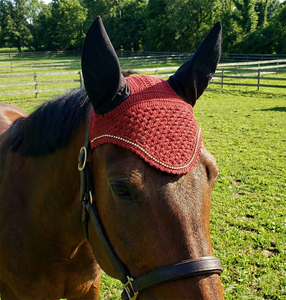 Velo antimoscas de ganchillo color granate con ribete de diamantes de imitación dorados, cubre orejas negros, gorro ecuestre hecho a mano, acolchado suave, de alta calidad para - Product Image 3