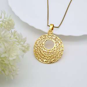 <b>Boho</b> Filigree Round Pendant Brass <b>Necklace</b> Women 18k Gold Plated Floral Design Wholesale - Product Image 2