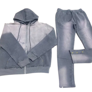 Ensemble survêtement gris délavé à l'acide avec fermeture éclair pour homme, veste en molleton vintage, pantalon de survêtement, tenue décontractée streetwear d'hiver - Product Image 2