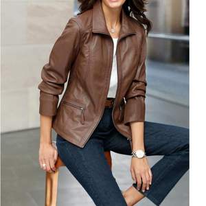 Veste en cuir d'agneau vintage décontractée pour femmes, imperméable, fermeture éclair, col plié, style tissé, jean lavé, nylon d'hiver - Product Image 3