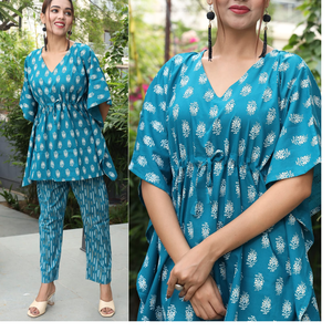 Fait sur mesure caftans courts ensemble complet en 100% coton tissu disponible dans les tailles aussi bien en bleu imprimé floral coloré. - Product Image 1