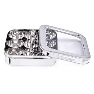 Gran cantidad venta cuadrado de acero inoxidable caja de especias organizador 9 compartimentos transparente tapa de vidrio resistente al óxido especias Metal - Product Image 1