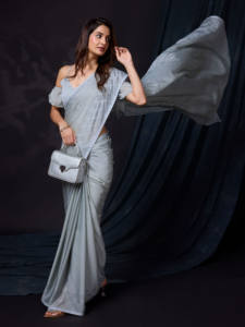 Sari de fête pour femme Trendmalls, en soie Rangoli, lourd, double teinte, style Siroski, pour mariage, avec pièce de chemisier non cousue, pour l'hiver et l'été - Product Image 4