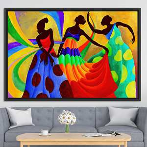 Arte en lienzo impreso con diseño de bailarines africanos vibrantes, decoración étnica elegante, 1P: con marco negro - Product Image 1