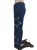 Pantalon décontracté pour femme, jean à taille haute et jambes larges, design avec étoiles, polyester et coton, séchage rapide