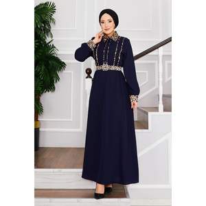 <b>Navy</b> <b>Blue</b> Career <b>Dress</b> with Leopard Pattern Shirt Collar and Hijab Fashionable Office Wear - Product Image 1