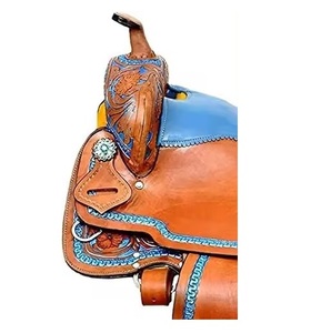 Cuero de alta calidad azul claro pintado a mano diseño de incrustaciones barril occidental caballo sillín juego de tachuelas a juego venta al por mayor indio - Product Image 2