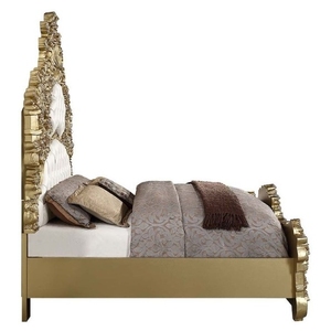 Cama de lujo oro completo tallado cabecero acolchado cuero crema madera maciza de caoba tamaño King-muebles de madera antiguos hechos a mano - Product Image 3