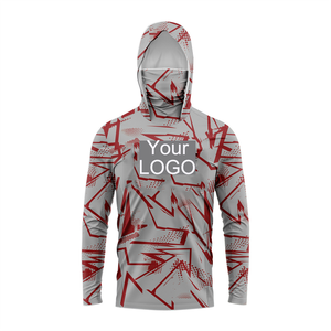 Sudadera con Capucha de Manga Larga para Hombre, con Estampado Geométrico Gris y Rojo, Protección UV, Secado Rápido, para Pesca, con Logotipo Personalizado OEM en la Parte Delantera - Product Image 1
