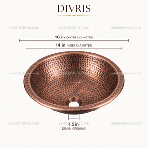 DIVRIS Lavabo vasque en cuivre fait main, simple bac, finition brossée mate, moderne, pour salle de bain, monotrou, épaisseur 1,0-1,2 mm, couleur personnalisable, facile à installer - Product Image 4