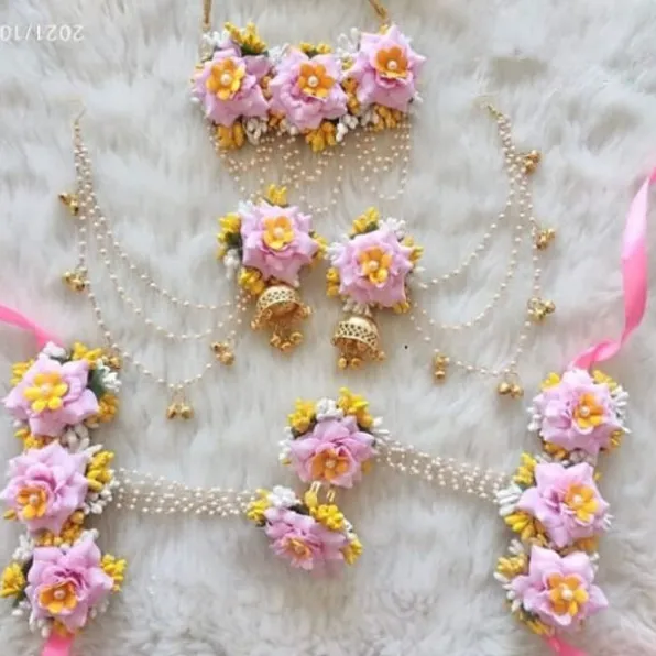Floral Pink, kuning & putih Set perhiasan untuk pengantin dan pengiring pengantin | Buatan tangan bunga buatan perhiasan untuk fungsi Haldi