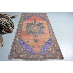 Vintage 4 X 7.3ft Turc Oriental Tapis Classique Grande Surface Laine Latex Rectangle Patchwork Design Orange Violet Exposition Couloir - Product Image 1