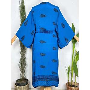 Upcycle Boho Blue Persian Sea Silk Short <b>Coat</b> Tropical <b>Beach</b> Cover-Up Cardigan Summer House Morning Robe Swimwear Cover-Up - Product Image 3
