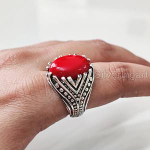 Anillo de Plata de Ley 925 para Hombre con Coral Rojo Natural, Todas las Tallas, Regalo de Boda o Aniversario, Estilo Otomano, Venta al Por Mayor - Product Image 3