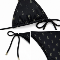 Zwarte halterbikini met dollar-tekenprint voor dames, tweedelig zwempak met strik aan de zijkant