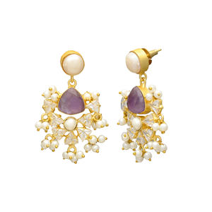 Vintage belle laiton 24K plaqué or blanc perle d'eau douce minceur réglage longue suspension goujon tous les jours boucle d'oreille femmes - Product Image 2