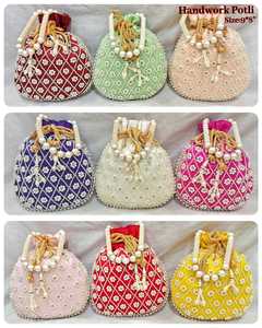 Fashionable Hand Embroidered Cotton Mini <b>Potli</b> <b>Bag</b> Women Foldable Pearl Decoration Drawstring Closure 500gm Capacity All - Product Image 1