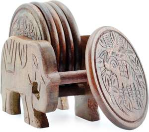Elephant Design <b>Wooden</b> <b>Coasters</b> with Holder - Set of 6, Handcrafted in India, Great Gifts for Any Occasion - Product Image 6