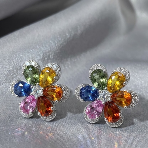 Pendientes de Flor con Zafiros Multicolor en Oro Blanco de 18K, Corte Pera, Gema Arcoíris, Diamante Natural, Joyería Fina - Product Image 4