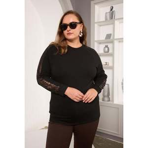 Blusa Negra de Talla Grande para Mujer RMG con Mangas con Detalle de Encaje Elegante, Blusa Cómoda de Mezcla de Poliéster y Viscosa para Otoño Invierno - Product Image 4