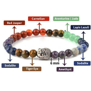 Bracelet en cristal 7 chakras, perles rondes de 6 mm, tête de Bouddha pour la paix, l'équilibre et l'énergie positive - Product Image 1
