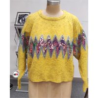 Suéter de Punto con Estampado Geométrico Vintage Amarillo Delgado para Mujer, Cuello Redondo, Manga Larga, Invierno, Casual, Moderno, para Exteriores