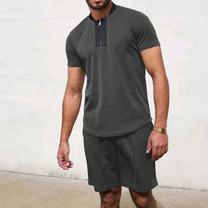 Vêtements de sport de gymnastique respirants en coton personnalisables pour hommes T-shirt zippé et short ensemble deux pièces vêtements d'été confortables Style décontracté - Product Image 2