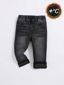 Girls Black Denim Pants Elastic Waist Straight Fit Distressed Wash Casual Ankle-Length Solid Color <b>Patch</b> Pocket - Product Image 3