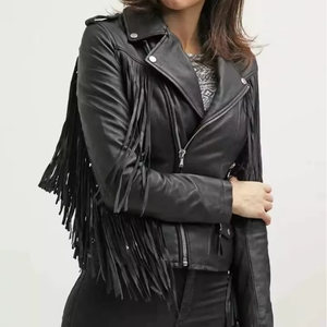 Chaqueta de Cuero Auténtico Estilo Brando Negra para Mujer con Flecos Largos, Chaqueta de Cuero Moderna en Color Sólido - Product Image 1